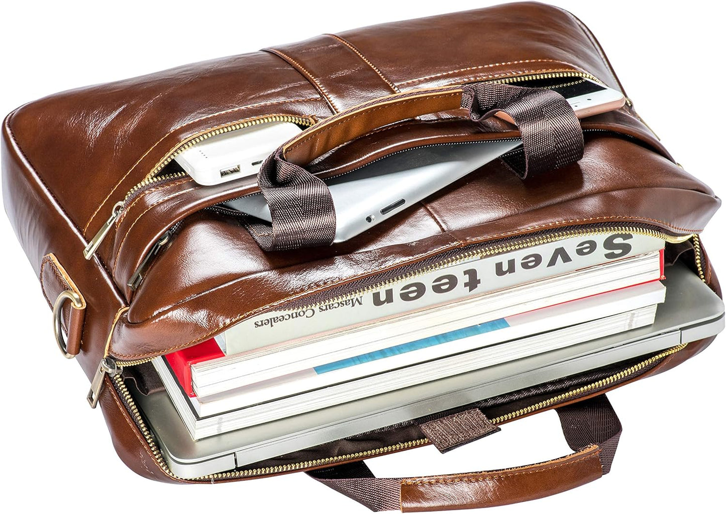 POKOFO Genuine Leather Briefcase Laptop Messenger Bag for Men with Padded Protection Fits 14 Inch Laptop