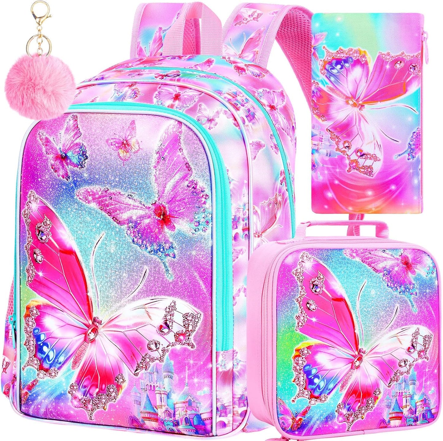 KLFVB 3PCS Butterfly Backpack for Girls, Water Resistant Kids Bookbag with Lunch Box, 16" Preschool Backpacks for Elementary - Butterfly Pink