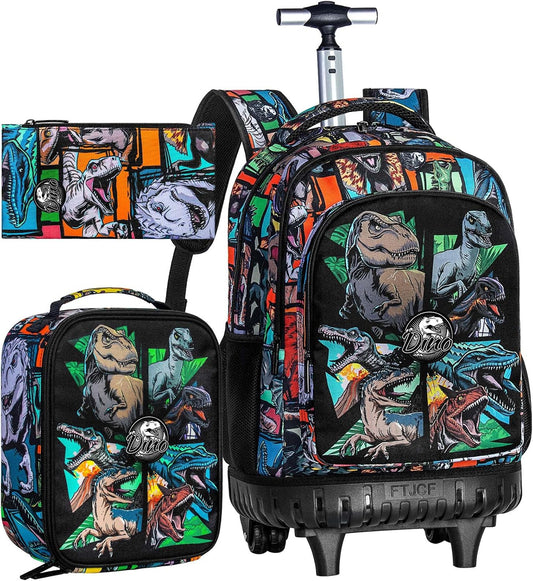 CCJPX 3PCS Rolling Backpack for Boys, 21 Inch Water Resistant Dinosaur Backpacks with Roller Wheels, Wheeled Bookbag for Teens Elementary School Travel-Brown