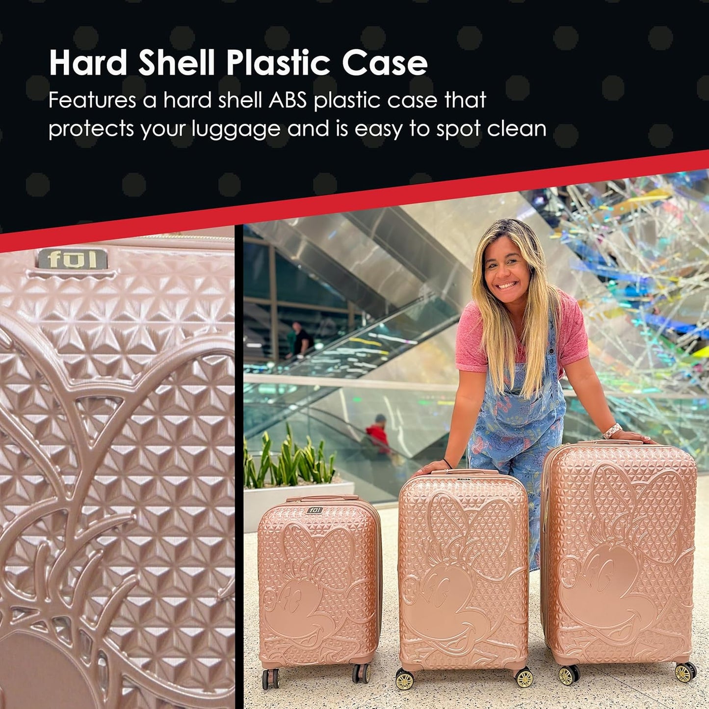 FUL Disney Rolling Luggage, Textured Hardshell Suitcase with Wheels, Minnie Mouse-Rose Gold, 25 Inch