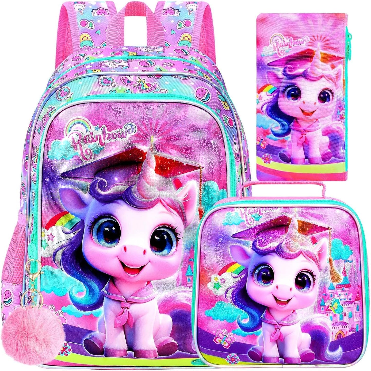 3PCS Unicorn Backpack, 16" Girls Bookbag with Lunch Box, Kids Water Resistant Elementary Prechool Toddler Shool Bag - Pink Dr. Unicorn