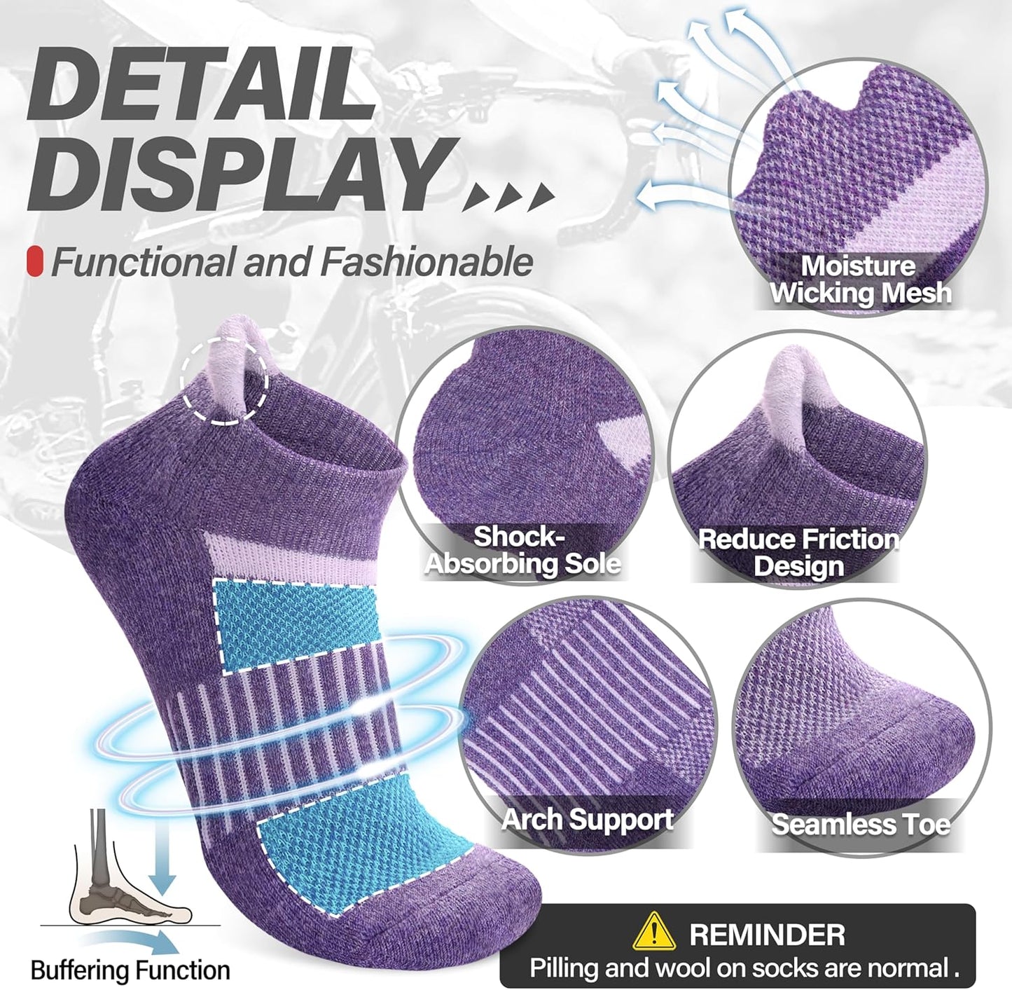 6 Pairs Merino Wool Ankle Running Hiking Socks Compression Support Breathable Thick Cushion No Show Socks for Women Men