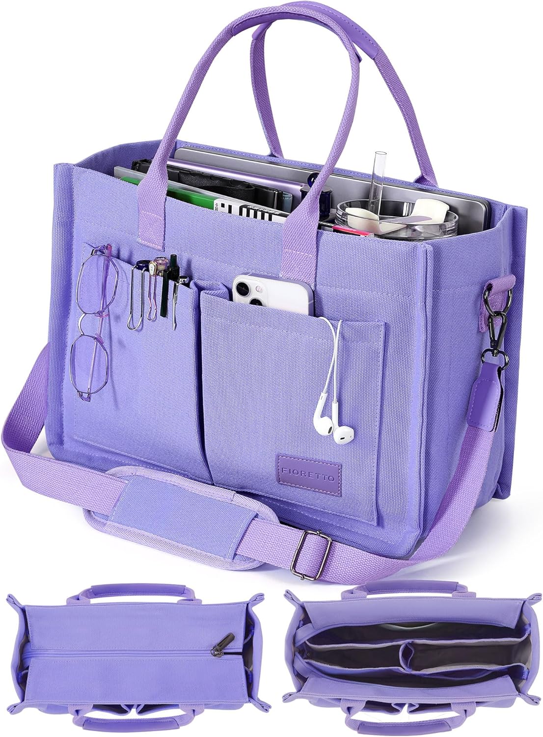 FIORETTO Canvas Tote Bag for Women with Zipper Closure & Individual Compartments for Work College for Teacher & Nurse