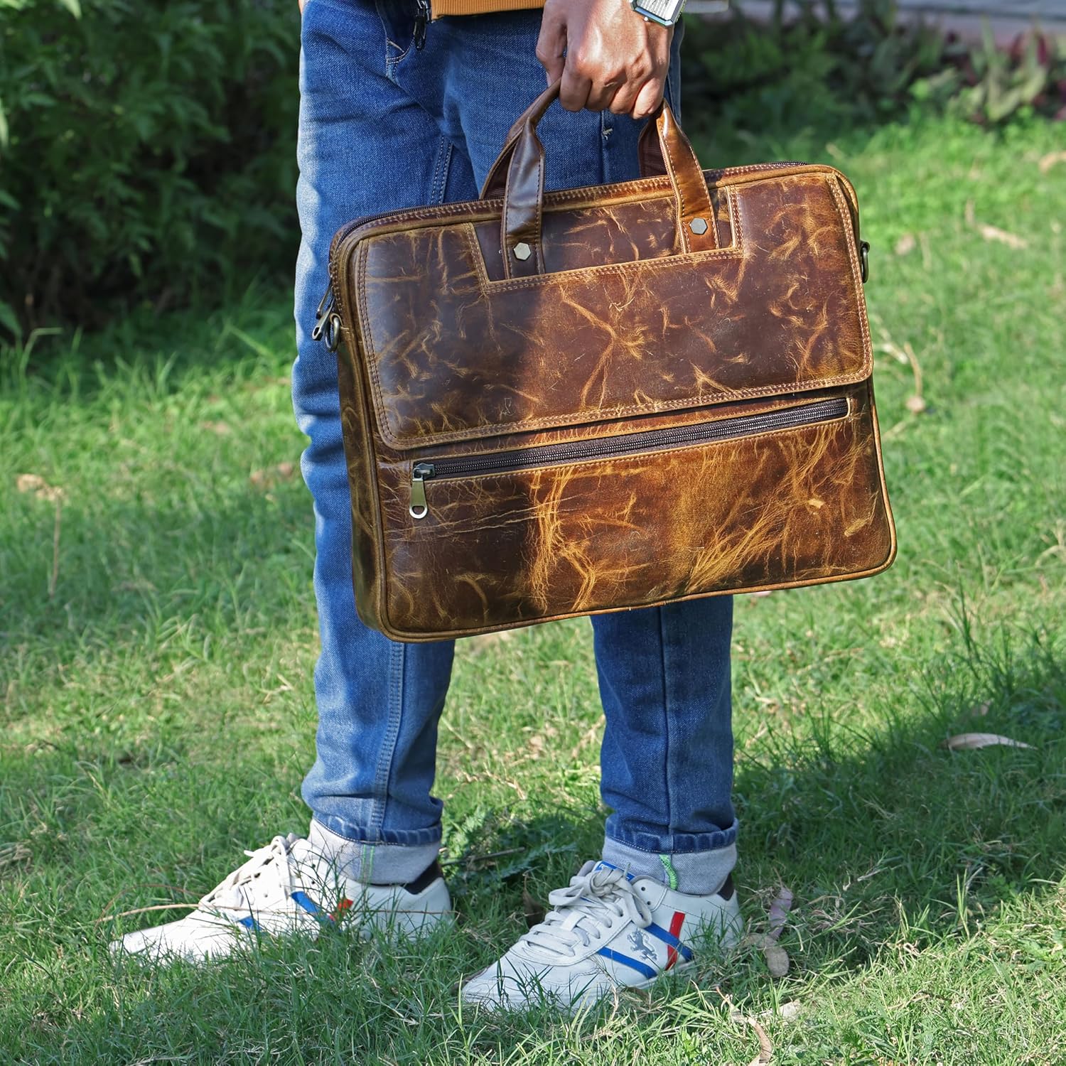 Mens Laptop Bag 16 Inch Waterproof Vintage Leather Shoulder Office Crossbody Bag With Ajustable