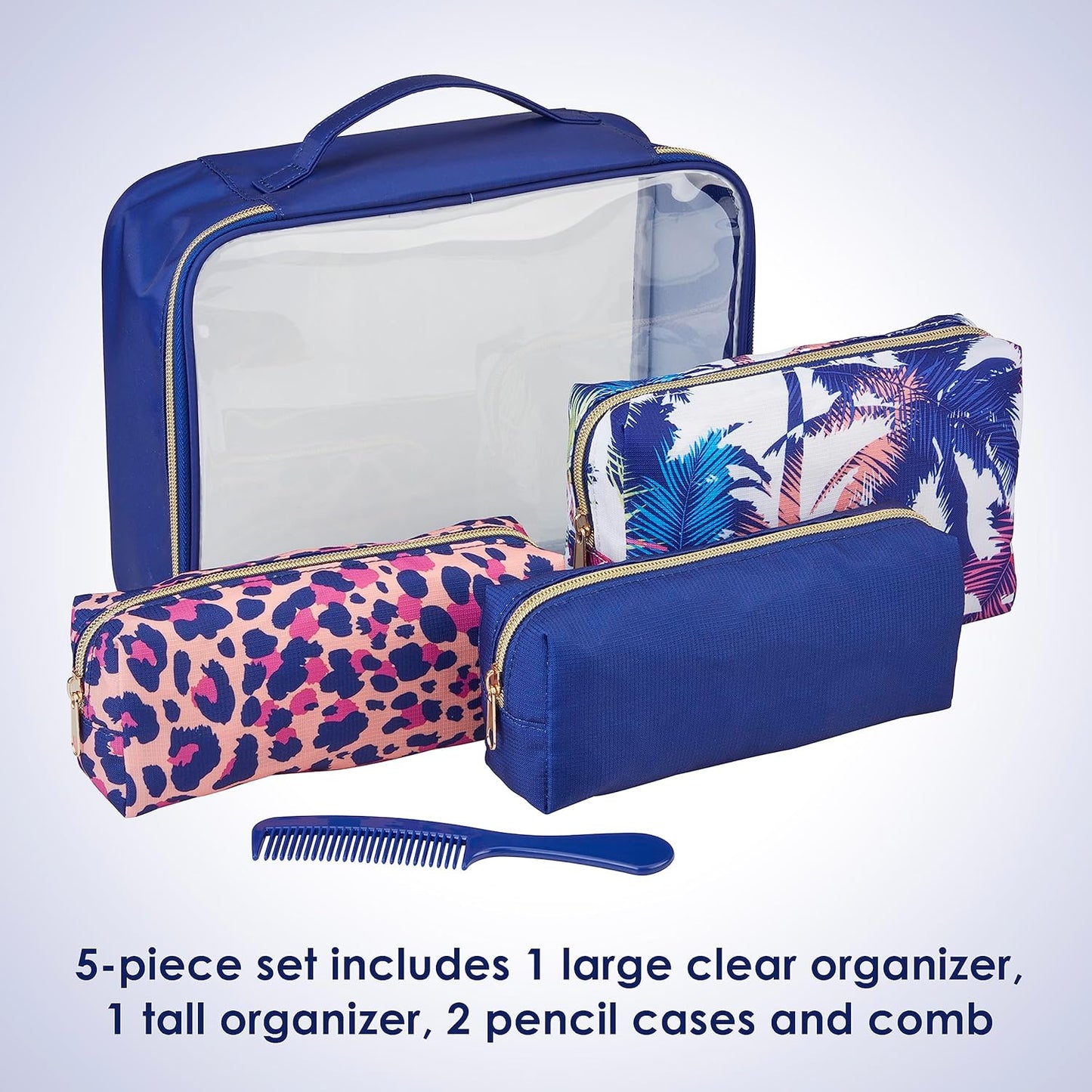 Conair 5 Piece Toiletry and Cosmetic Bag Set Under $30, Includes 4 Makeup Bags and 1 Travel Comb in Blue Palm Prints
