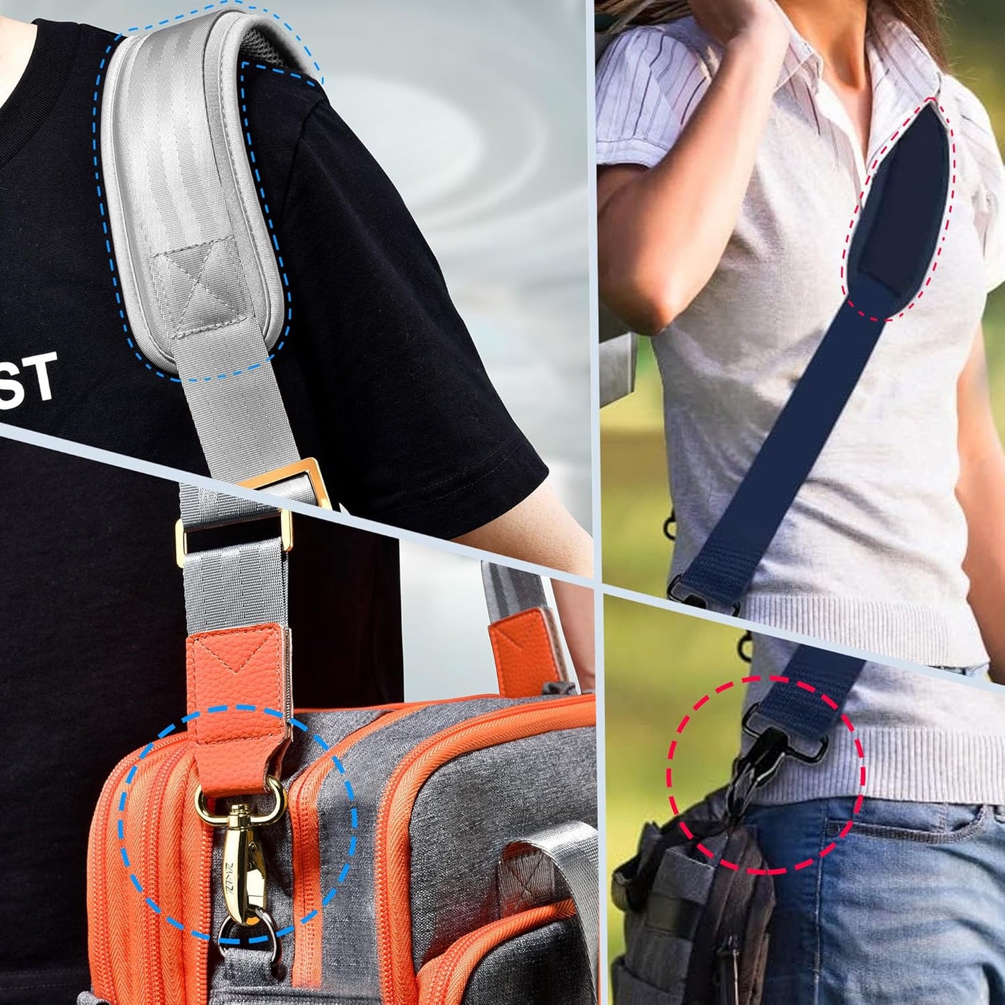 ZINZ 60" Universal Strap with Ultra-Thick Fixed Breathable Pad - Adjustable Heavy-Duty Shoulder Strap for Laptop, Crossbody Luggage, Gym Bag, Camera Bag and More - Gray Orange