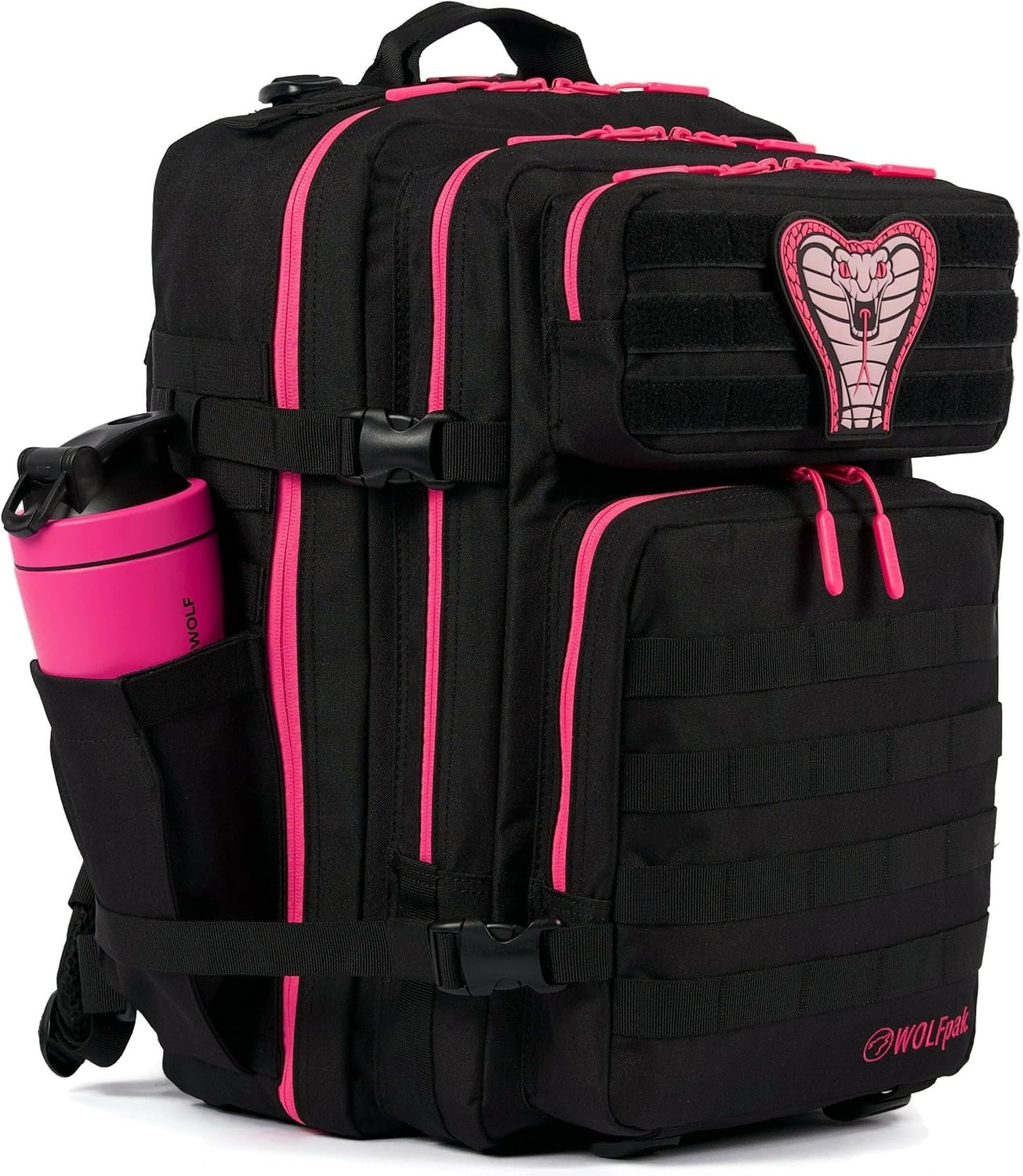 WOLFpak 45L Athletic Gym Backpack - Durable 1000D Waterproof Oxford Material with MOLLE Webbing, Laptop Pocket & Dual Cup Holders, Durable Fitness/Travel/Military Daypack (Pink Venom)