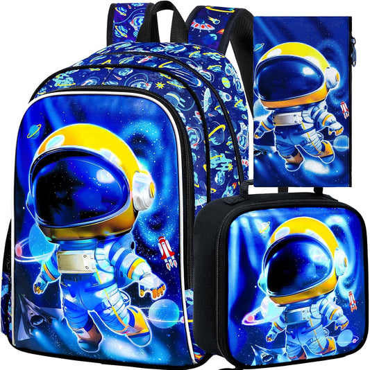 3PCS Dinosaur Backpack for Boys, 16 Inch Kids Water Resistant Preschool Elementary Kindergarten Bookbags and Lunch Box