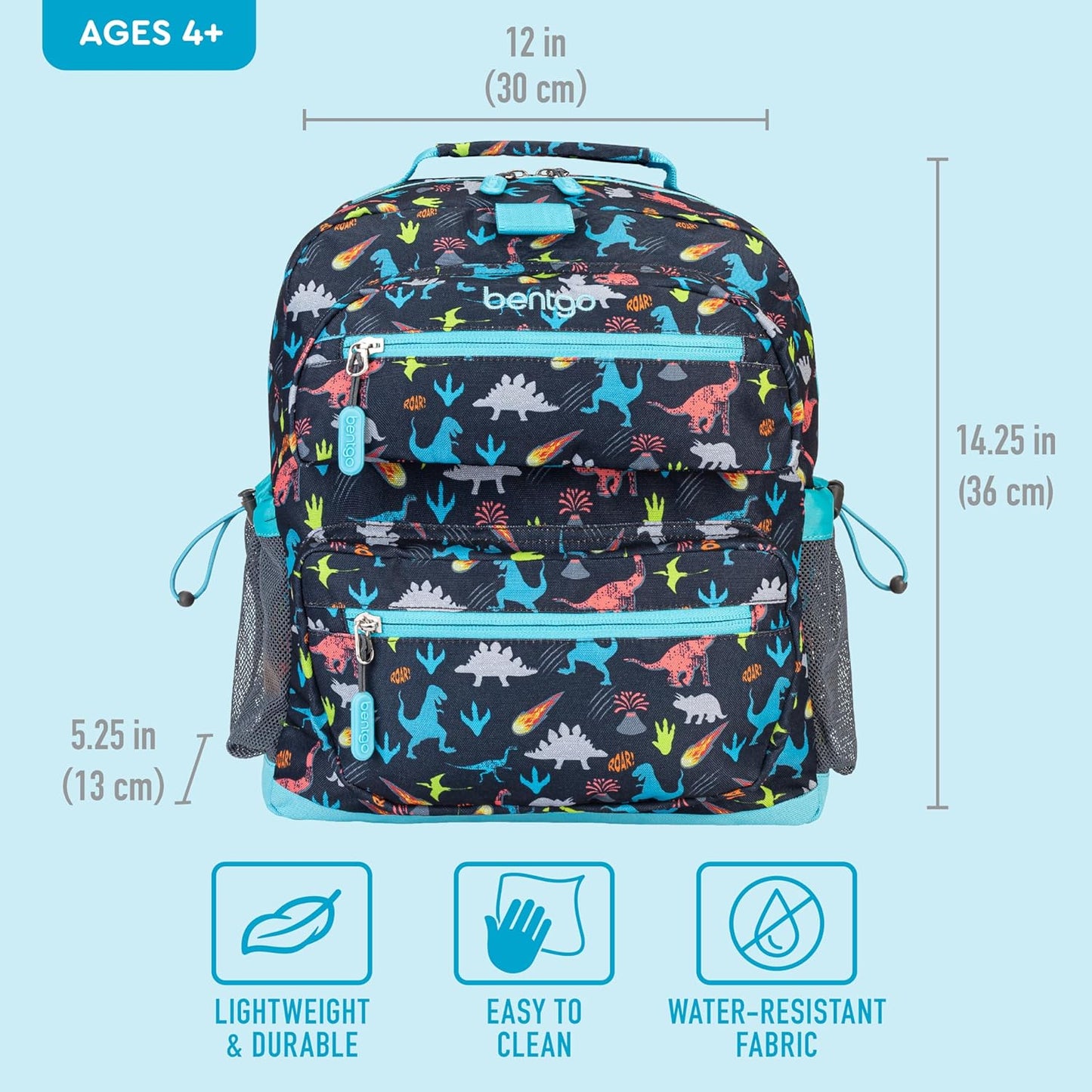 Bentgo Kids Backpack - Lightweight 14” Backpack in Fun Prints for School, Travel, & Daycare, Ideal for Ages 4+, Roomy Interior, Durable & Water-Resistant Fabric, & Loop for Lunch Bag (Dinosaur)