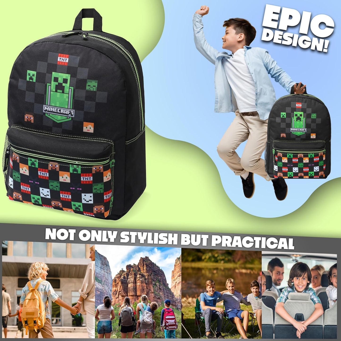 Minecraft Backpack for Boys Kids Teens Adjustable Straps Front Pocket Daypack Backpacks for Sports Gym School Gamer Gifts (Black)