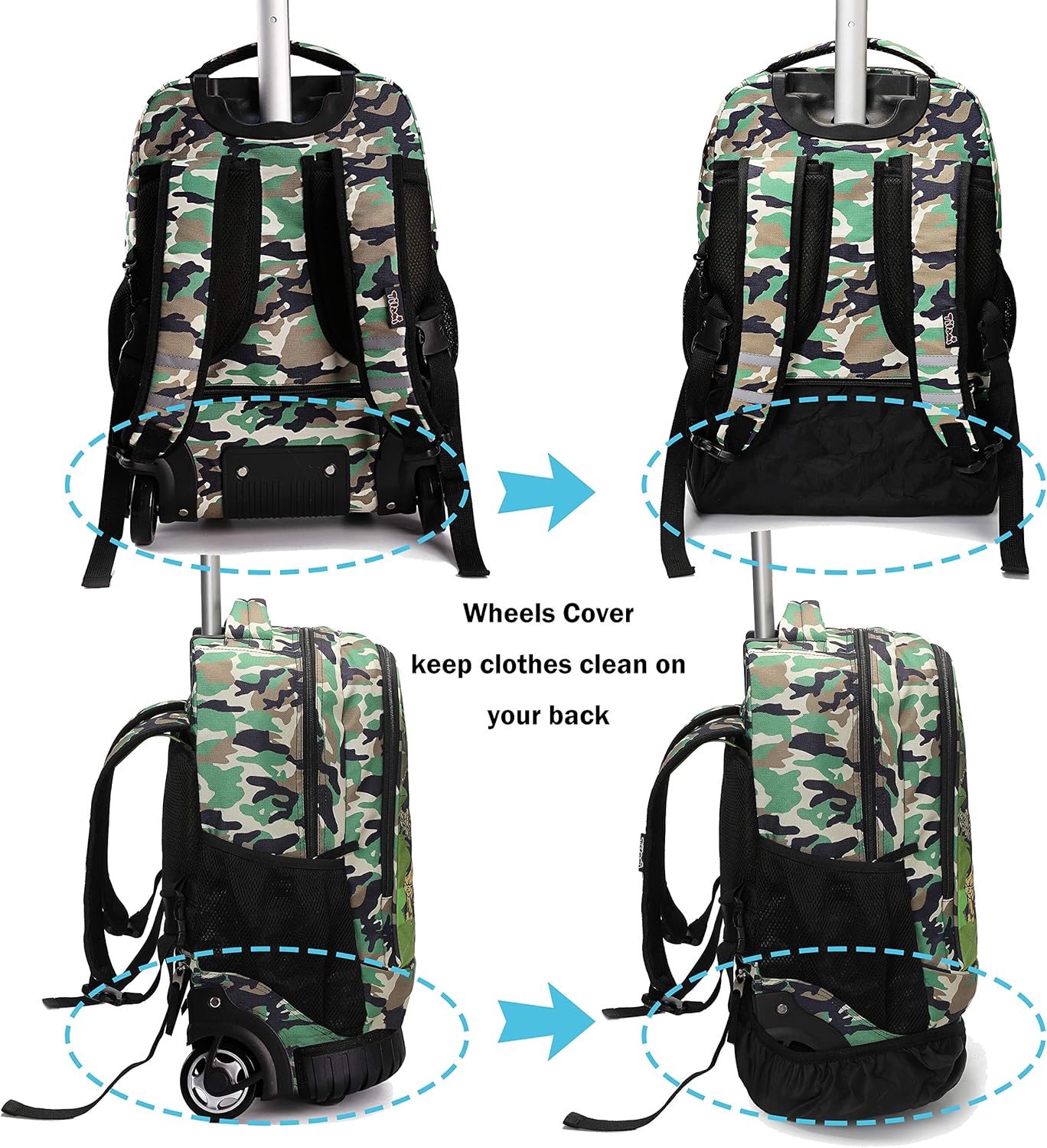 Tilami Rolling Backpack 19 inch with Lunch Bag Wheeled Laptop Backpack, Dinosaur Camouflage
