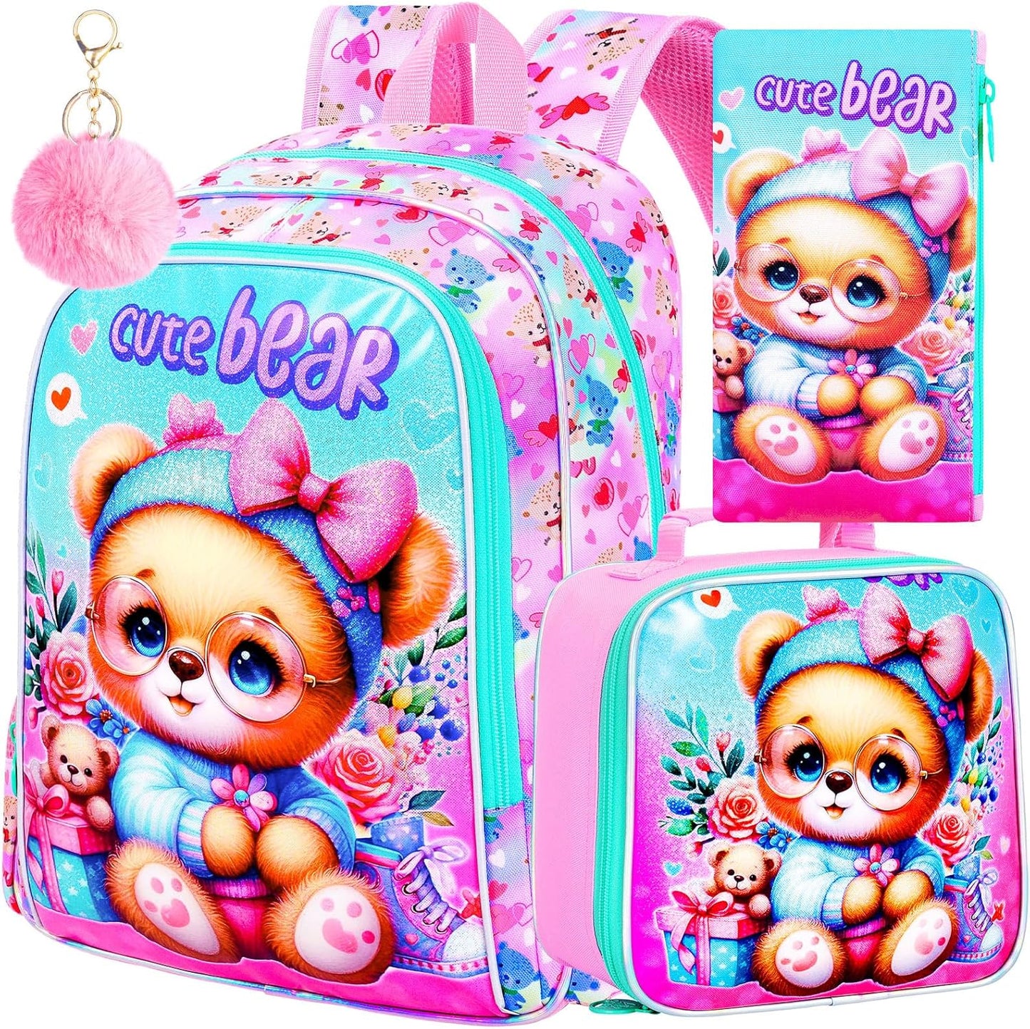 KLFVB 3PCS Girls Bear Bookbag, Water Resistant Kids Backpack with Lunch Box, 16" Preschool Backpacks for Elementary - Bear Pink