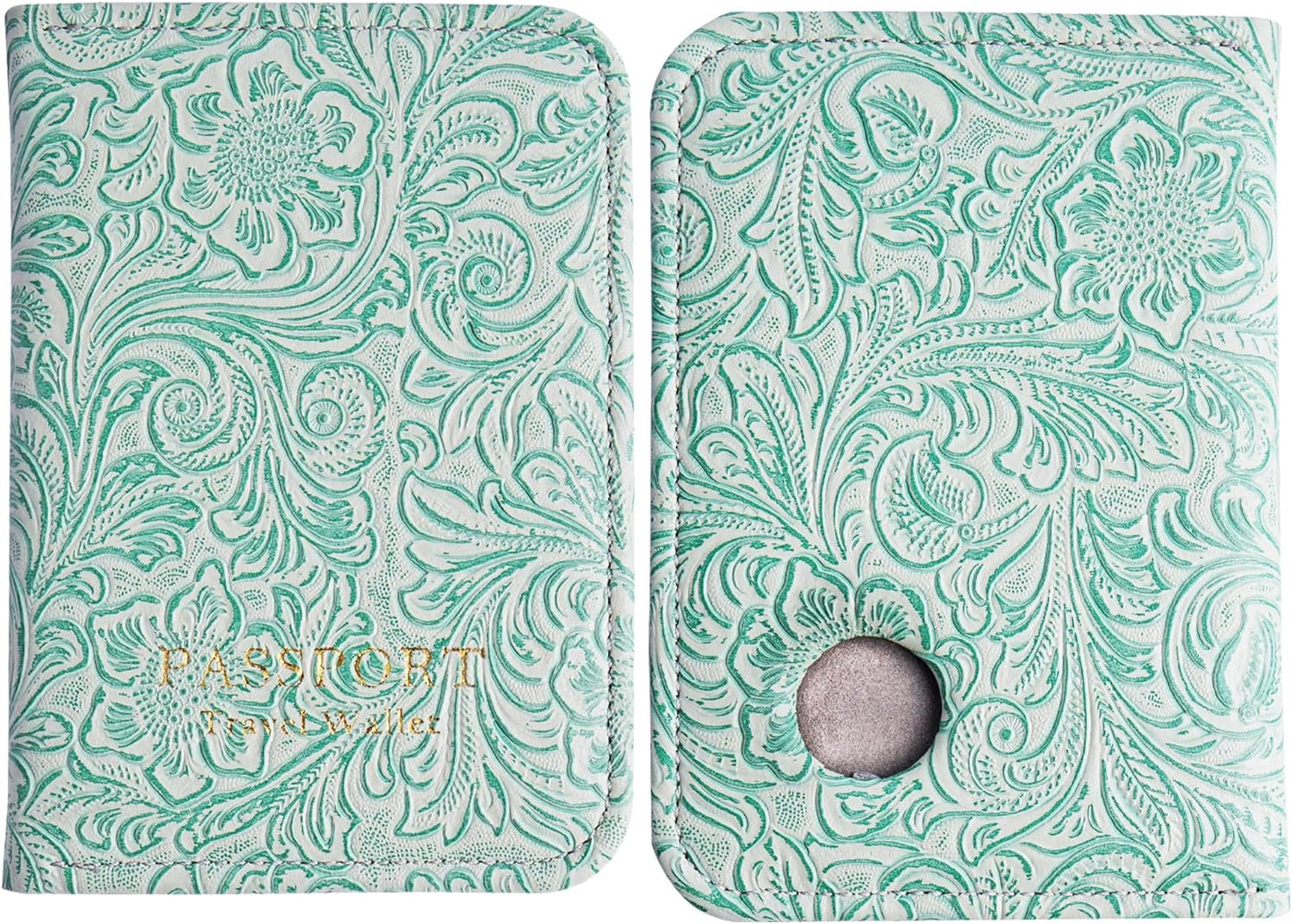 lizimandu Passport Holder with Airtag Slot, Airtag Passport Wallet for Men Women, Slim Leather Passport Holder Case Family for Travel Anti-Lost(1-Carved Green2)