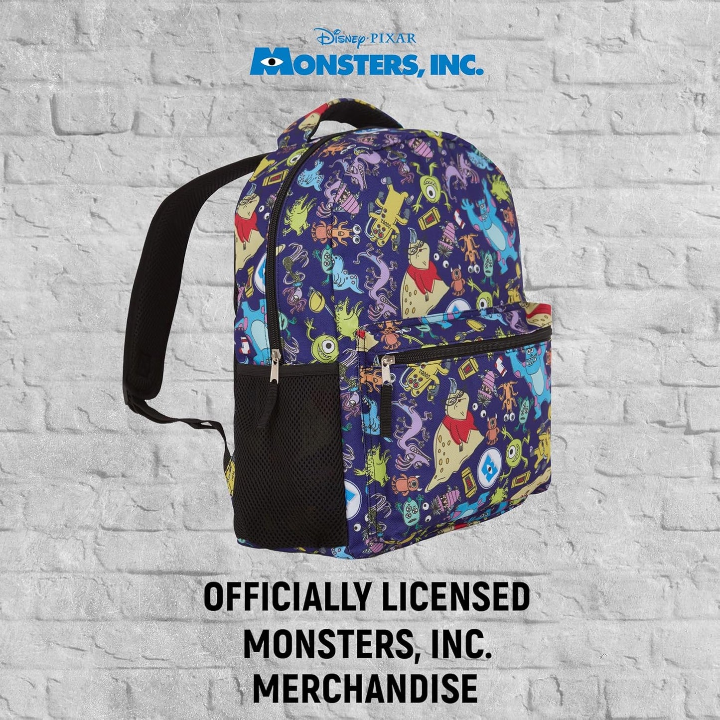 Disney Monsters Inc. Allover Print Backpack - Officially Licensed Pixar Merchandise - Backpack for Boys, Girls, Toddlers, Kids, Adults - Great Bag For Gym, Park and Cam