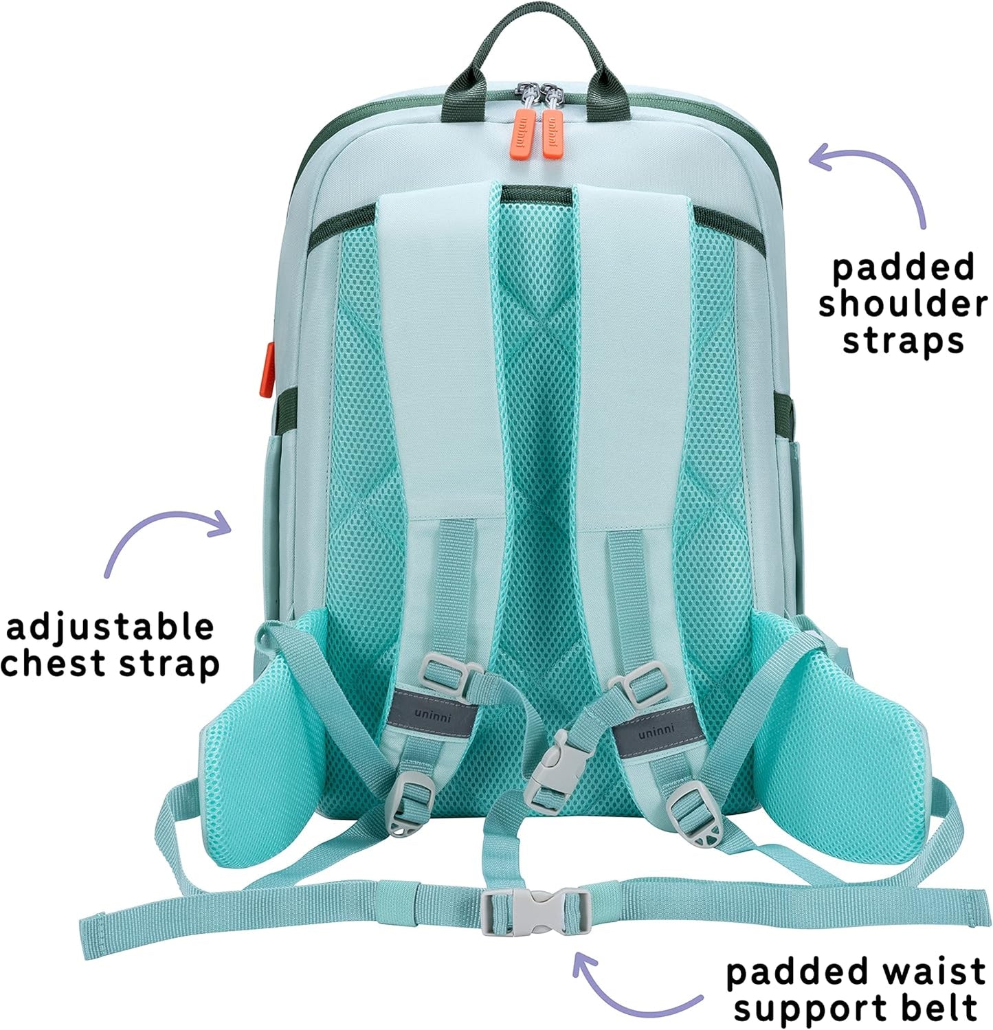 uninni 16" Kid's Backpack for Girls and Boys Age 6+ with Padded, and Adjustable Shoulder Straps. Fits for Height 3'9" Above Kids (Mint)