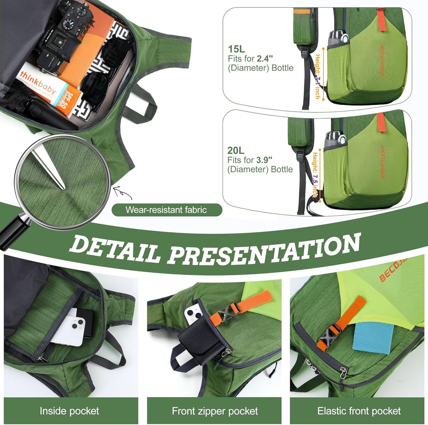 20L Small Hiking Backpack for Men Women Foldable Packable Back Pack Ultralight Hiking Daypack for Travel Camping Outdoor, Olive Green