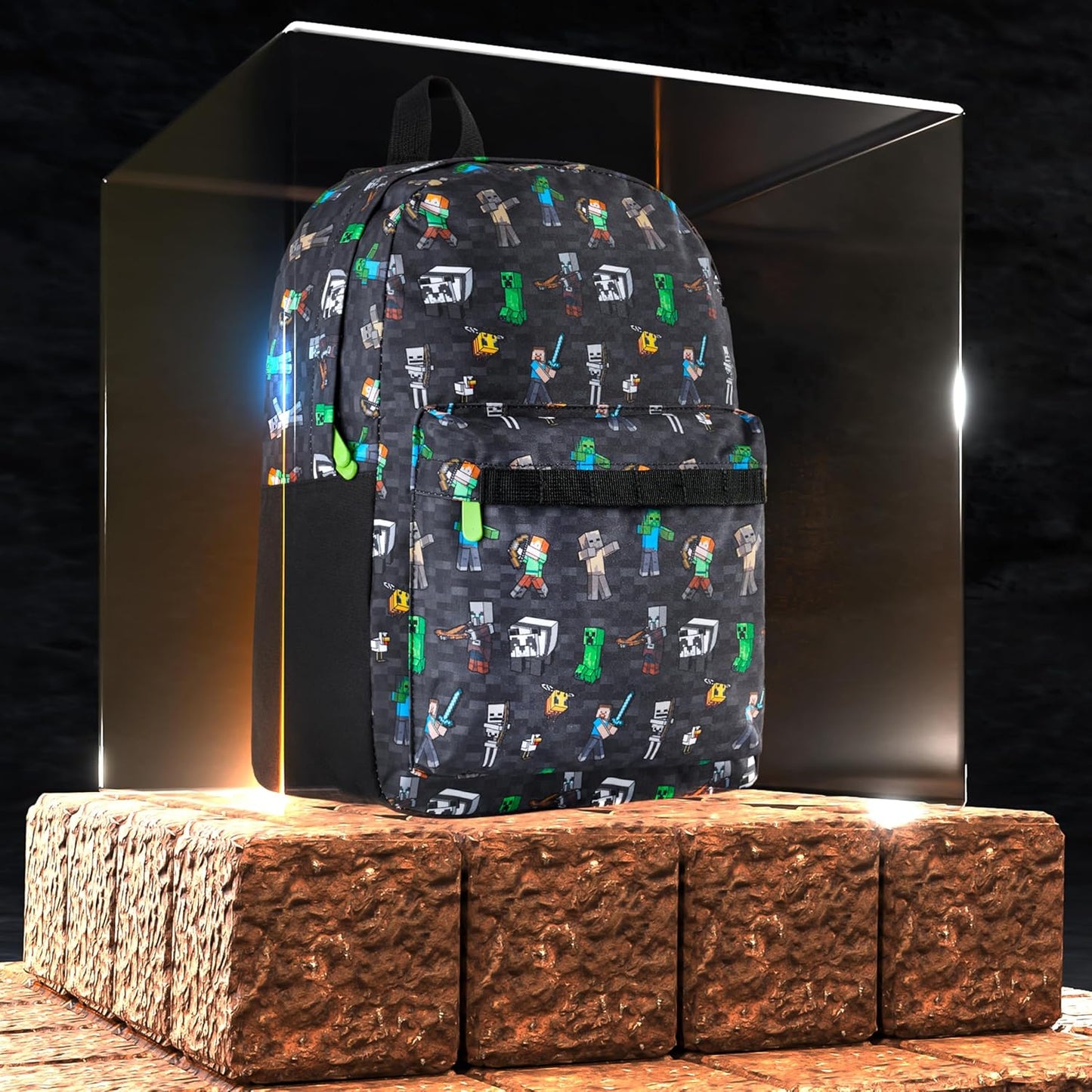 Minecraft Backpack for Boys Kids Teens Adjustable Straps Front Pocket Daypack Backpacks for Sports Gym School Gamer Gifts (Black Aop)