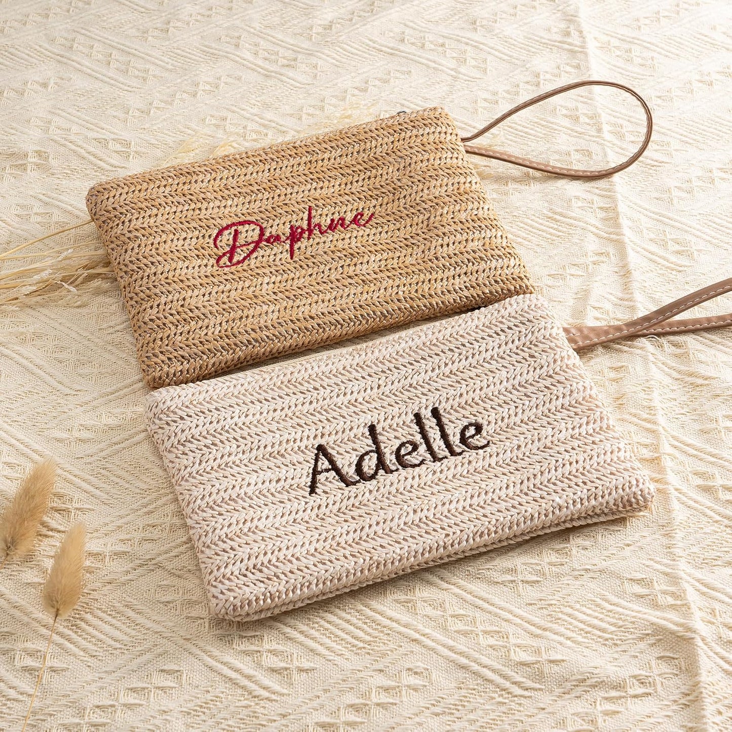 Personalised Straw Clutch Purse, Personalised Embroidered Cosmetic Bag, Handwoven Straw Cosmetic Bag with Leather Trim, Bridesmaid Gift