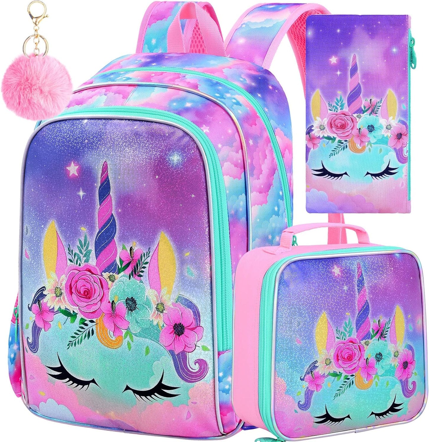 AGSDON 3PCS Backpacks for Girls, 16" Elementary Kids Unicorn Backpack Preschool School Bookbags and Lunch Box