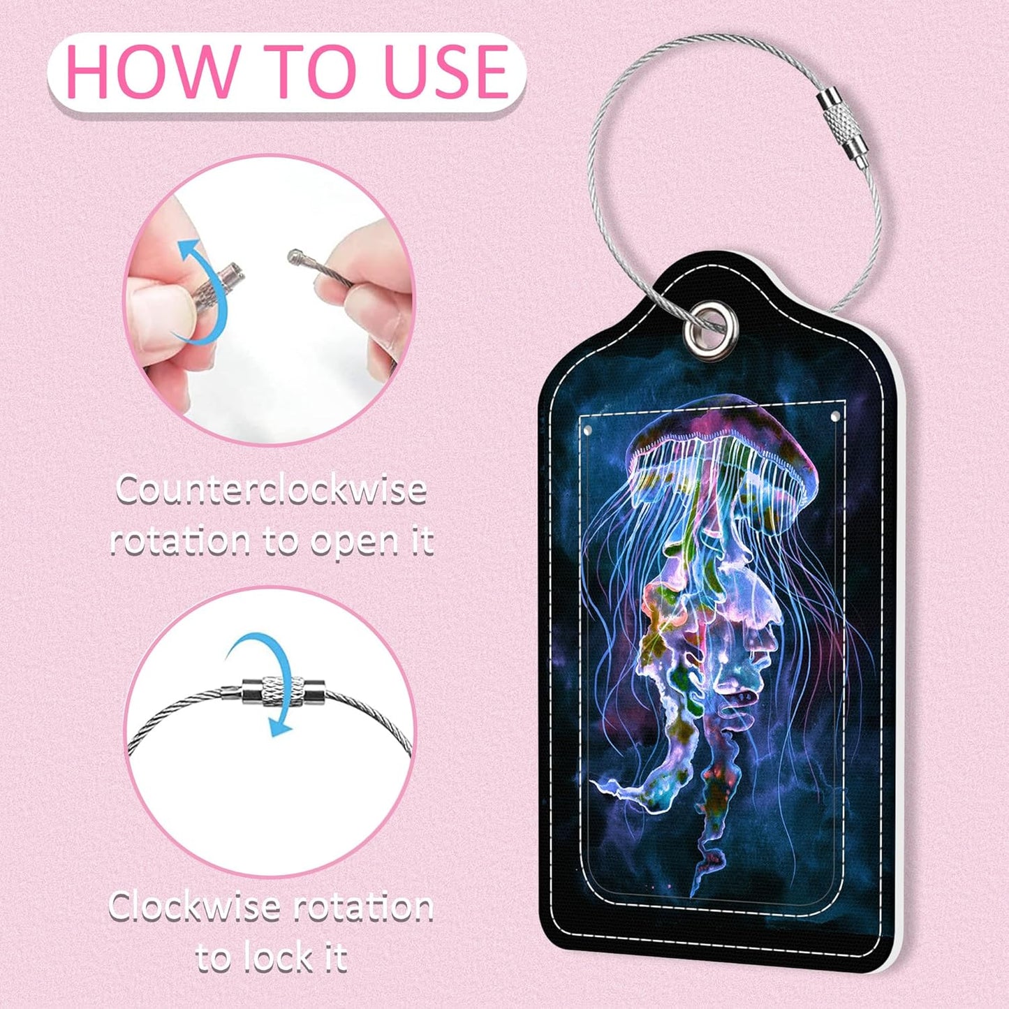 Luggage Tags for Suitcase,2 Pack Watercolor Jellyfish Luggage Tag,PU Leather Id Label Luggage Tags with Stainless Steel Loop and Privacy Cover for Women Men Teens Travel