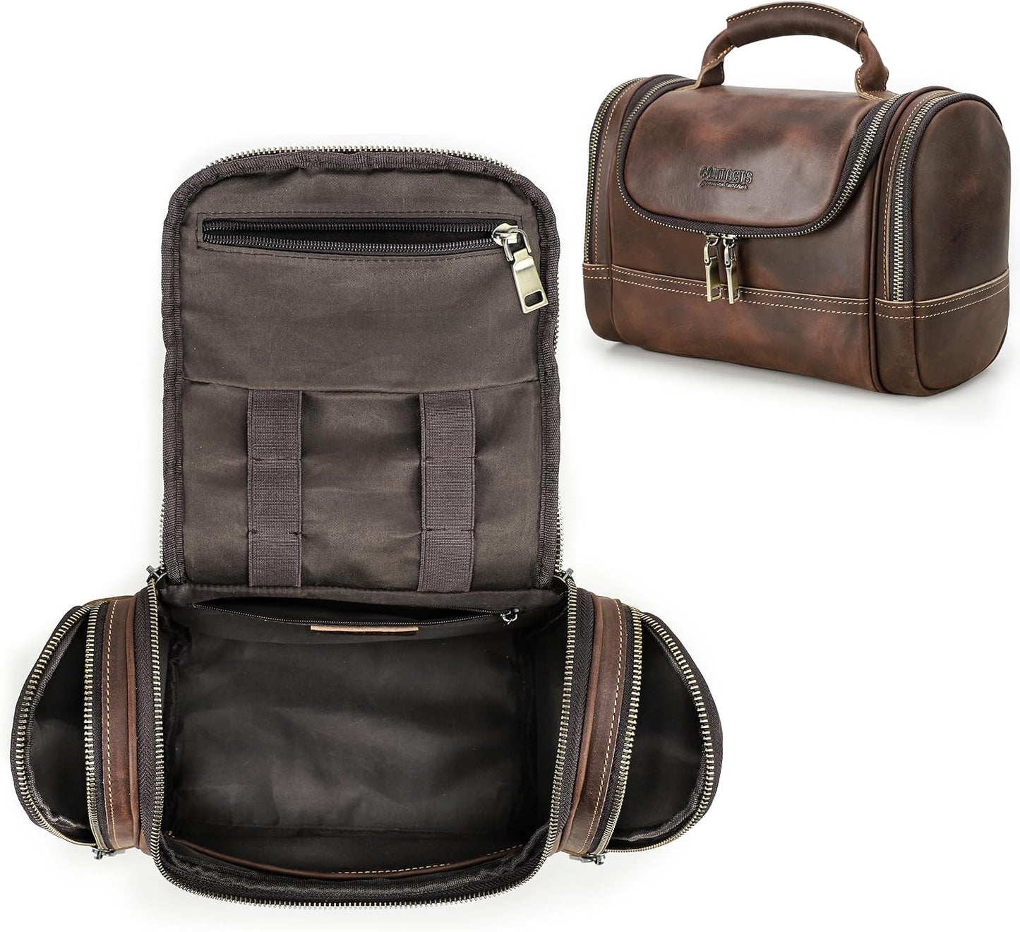 Top Grain Leather Travel Toiletry Bag Organizer for Man & Woman, Vintage Design, Large Size & Multi Pockets, Portable Large Capacity Travel Dopp Kit for Daily Toiletries/Cosmetics/Makeups, Coffee