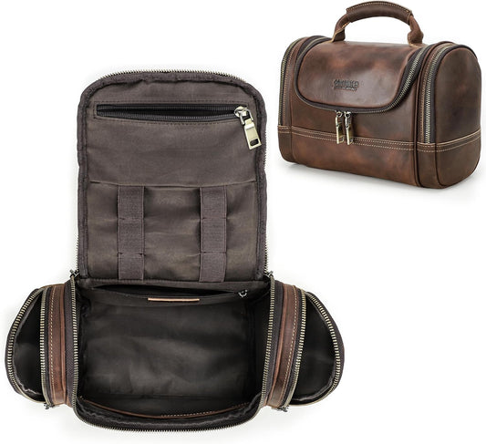 Top Grain Leather Travel Toiletry Bag Organizer for Man & Woman, Vintage Design, Large Size & Multi Pockets, Portable Large Capacity Travel Dopp Kit for Daily Toiletries/Cosmetics/Makeups, Coffee