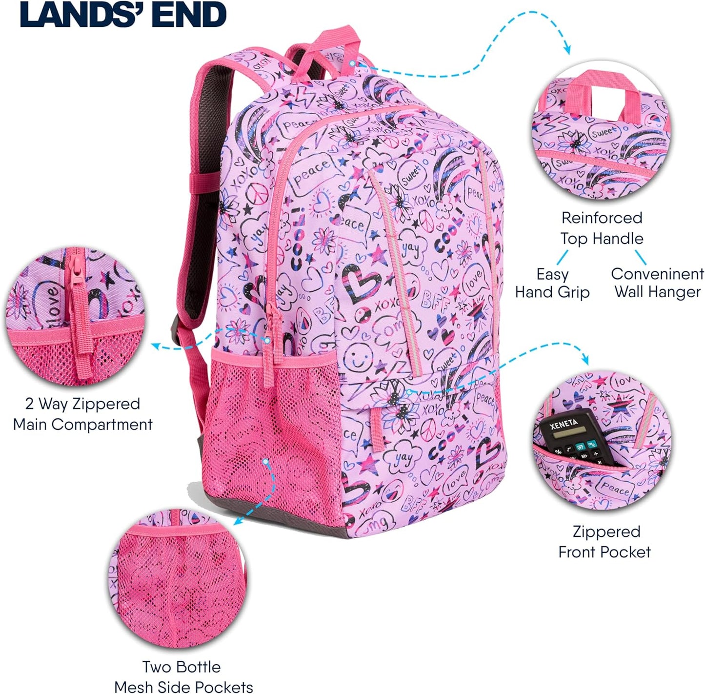 Lands' End Unisex Kids Medium ClassMate Lightweight Durable Elementary School Backpack, Fuchsia Pink