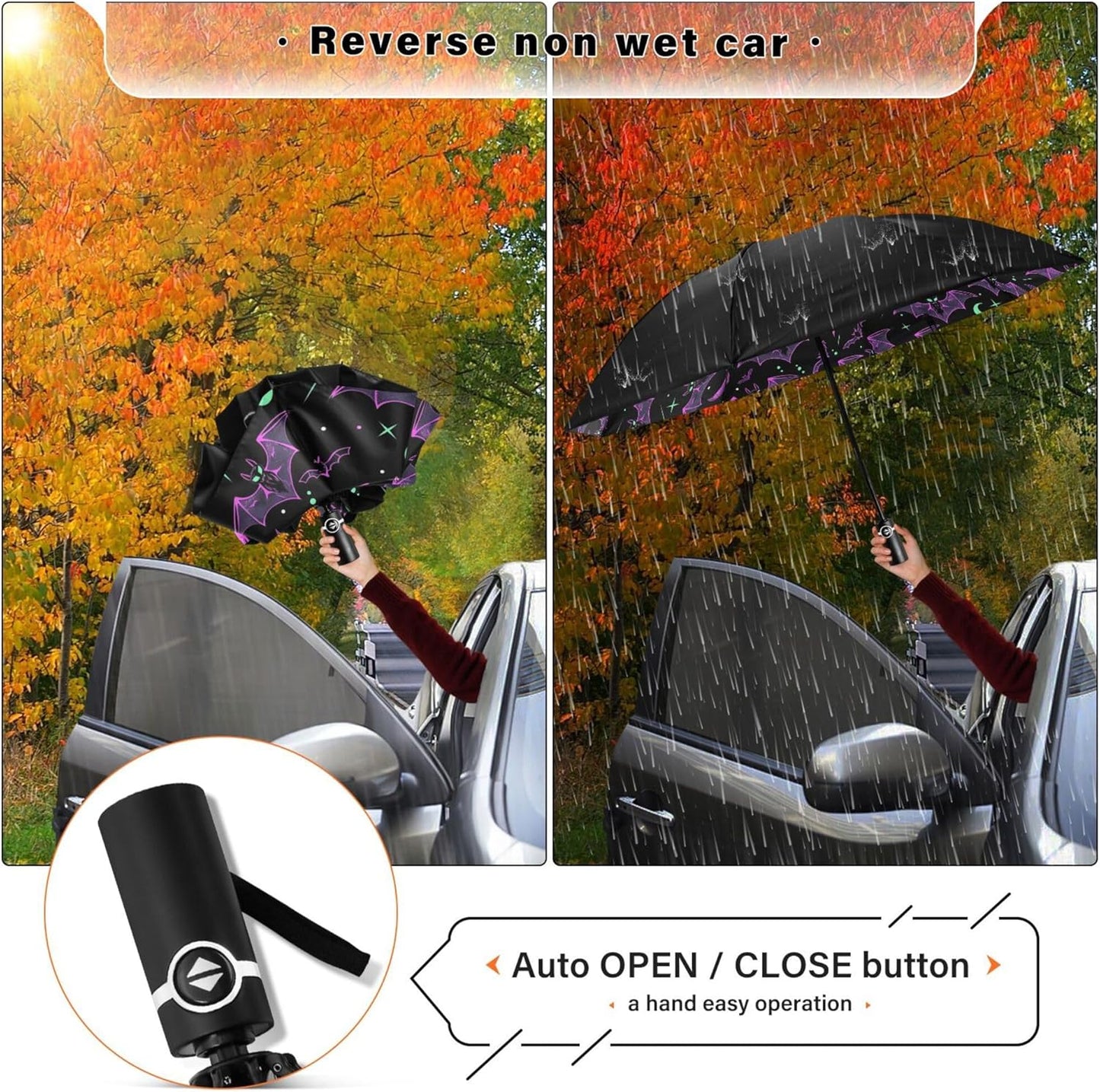Automatic Folding Umbrella Windproof Strong, UV Protection Compact Black Gothic Moon Spider Webs and Bats Sun Rain Sun Rain Travel Umbrellas for Women Men