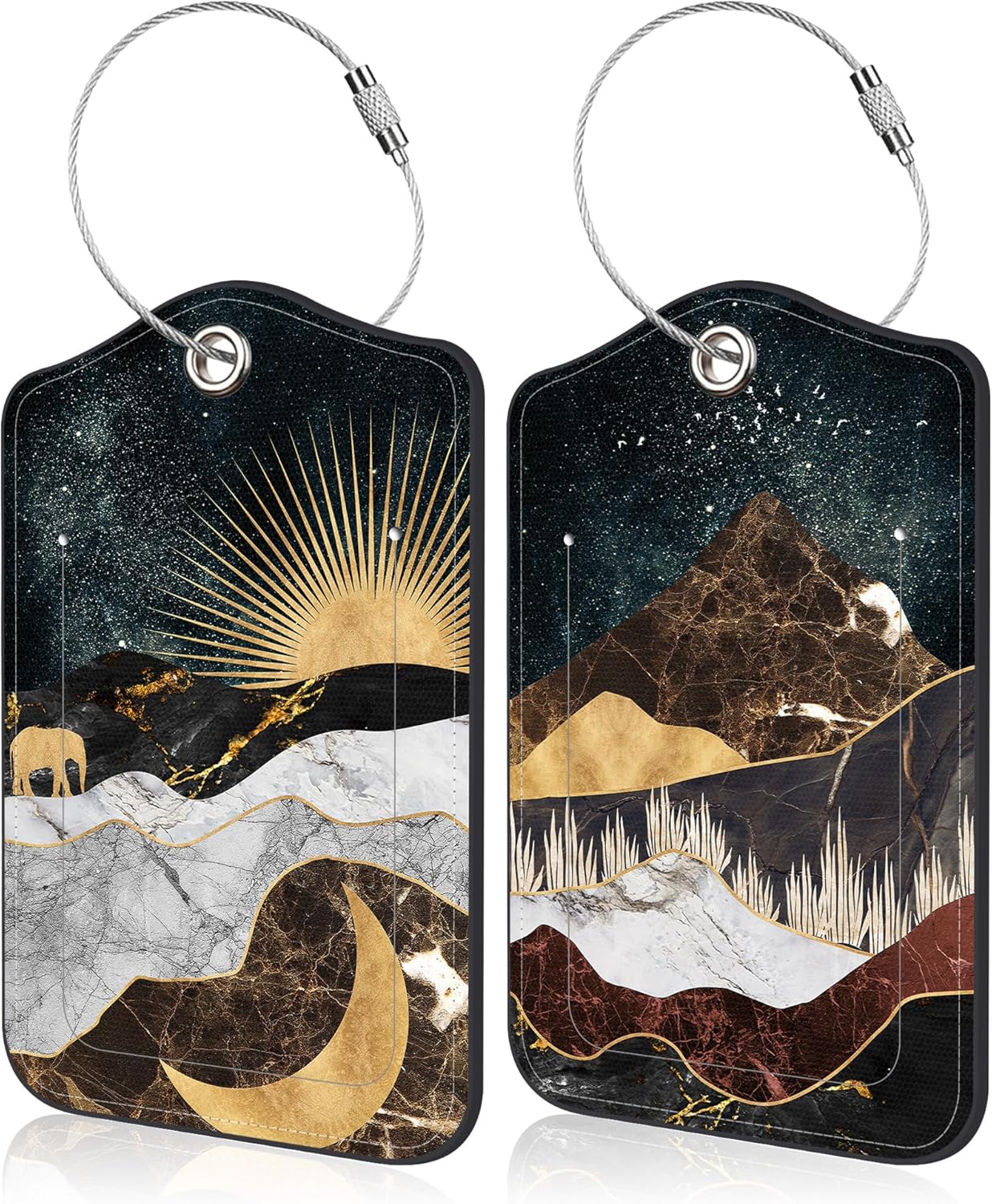 2 PCS Abstract Golden Mountain Luggage Tag for Suitcase Golden Creative Mountain Leather Suitcase Tags with Name Address Card Label Privacy Cover and Stainless Steel Loop for Women Men