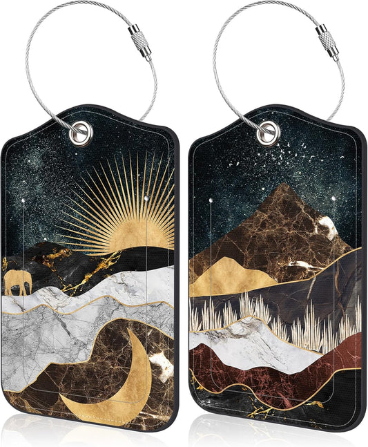 2 PCS Abstract Golden Mountain Luggage Tag for Suitcase Golden Creative Mountain Leather Suitcase Tags with Name Address Card Label Privacy Cover and Stainless Steel Loop for Women Men