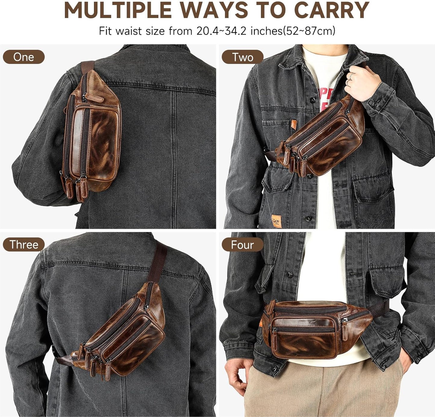 Crazy Horse Genuine Leather Fanny Pack for Men Women Crossbody Waist Bag Running Sling Phone Purse (Oil coffee)