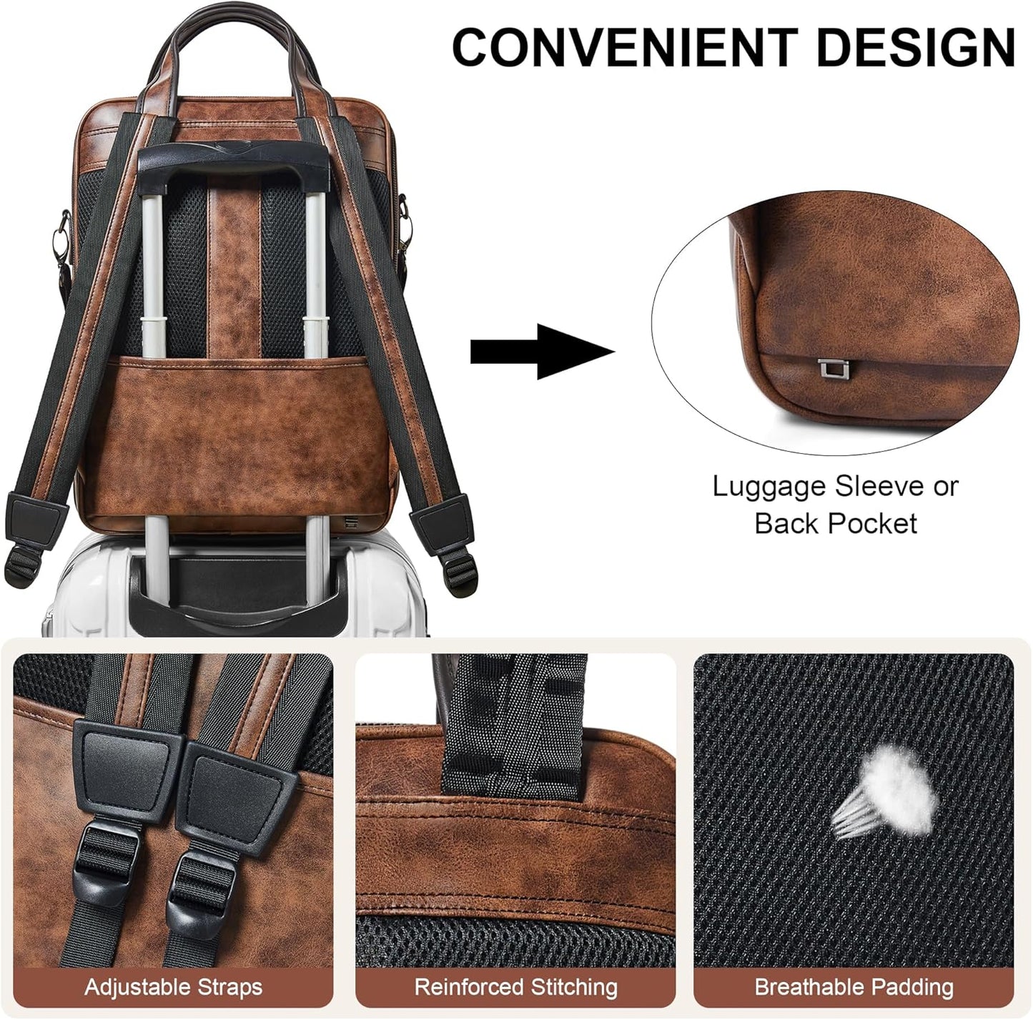 Shrrie Laptop Backpack for Women and Men, 15.6 Inch Vegan Leather Computer Backpack Professional Water-Resistant Casual Daypack for Work Business College Travel Office,Two-toned Brown