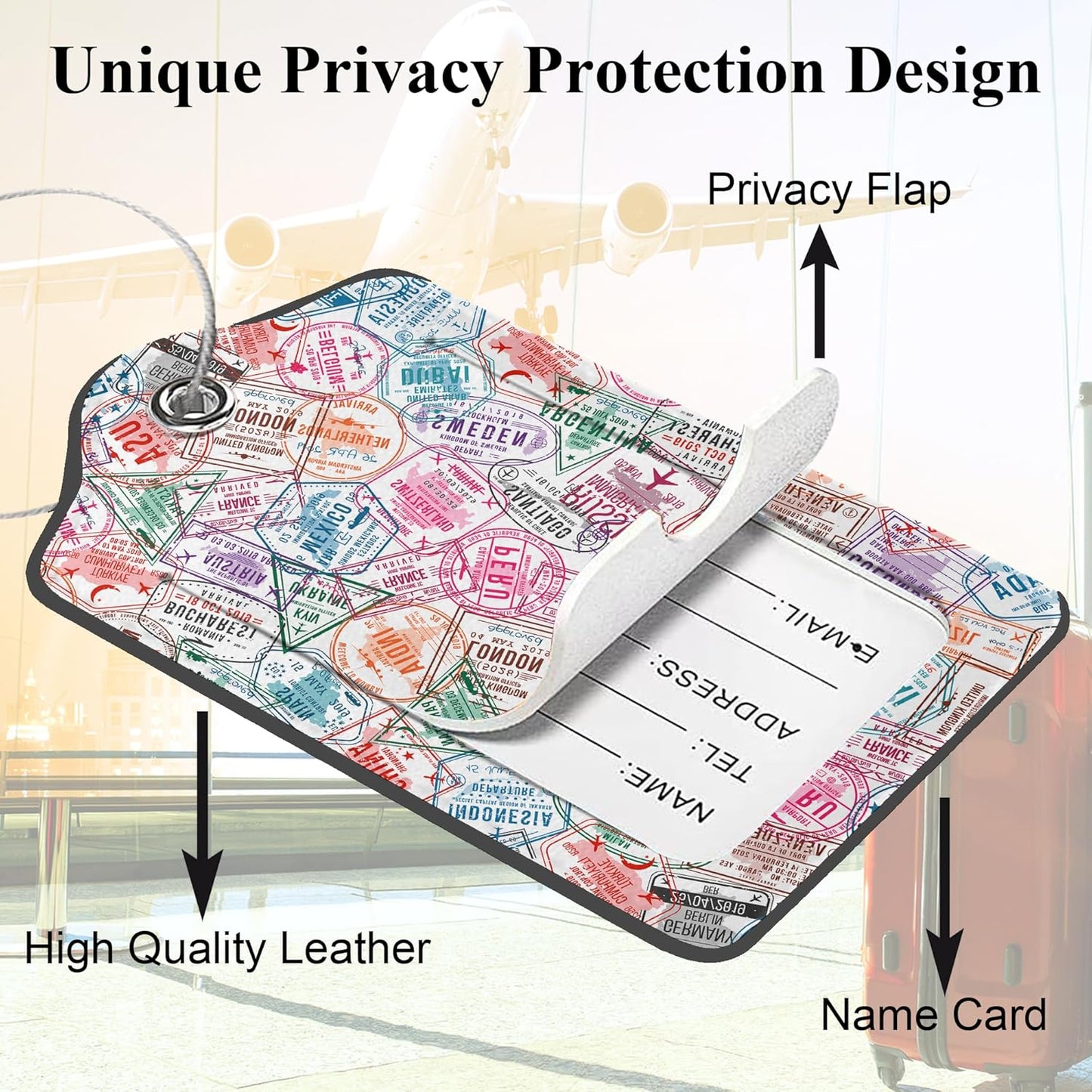 Travel Stamp 2 Pack PU Leather Luggage Tags with Stainless Steel Loop, Funny Retro Labels for Quick Spotting with Privacy Cover ID Label