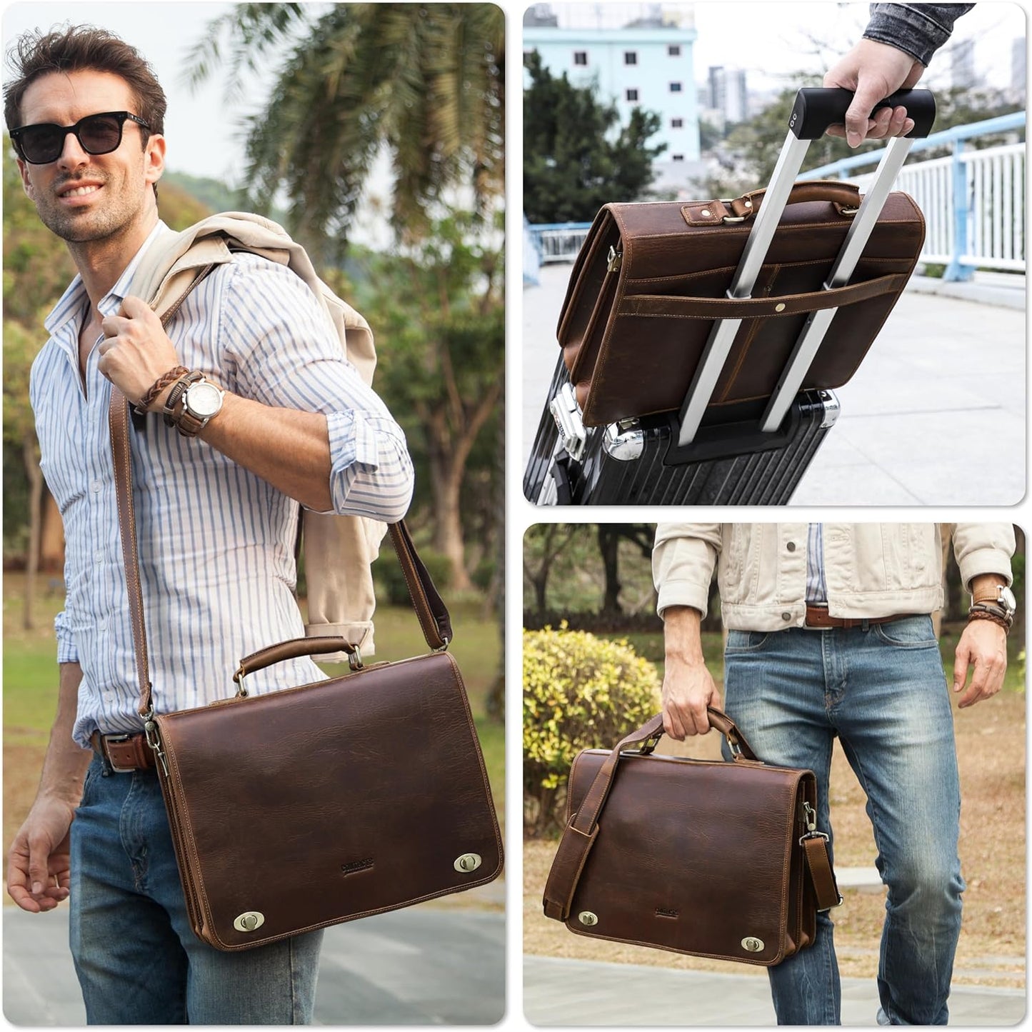 Top Grain Leather 15.4" Laptop Briefcase Crossbody Handbag, Vintage Design & Multi Pockets & Luggage Strap, Fits to 2025 MacBook Pro/Air 13.3"/14.2"/15.4"/16" & A4/A5 Paper, Coffee 15.4 Inch