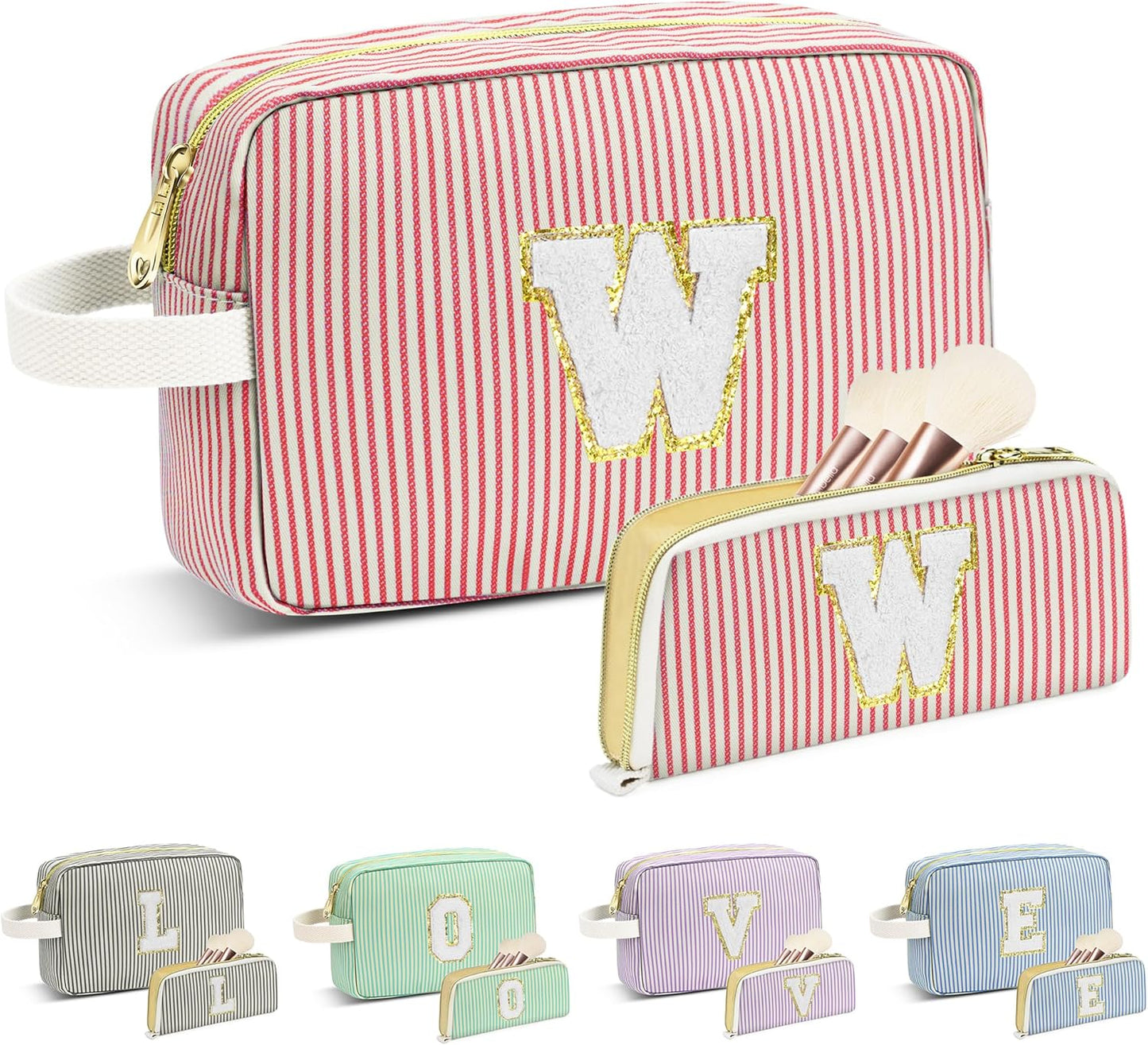 Travel Makeup Bag Christmas Gifts for Women Girl Teens, Personalized Initial Makeup Bag for Cute Teen Girls, Preppy Stuff Toiletry Bag Cosmetic Bag, Teen Girls Gift Trendy Stuff, Letter W