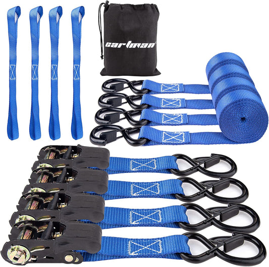 Cartman Ratchet Tie Down Straps 4PK 2,000lb Max Break Strength with Premium 1" x 15' Rachet Tie Downs with Padded Handles, 4PK 1" x 18" Soft Loop for Moving, Securing Cargo