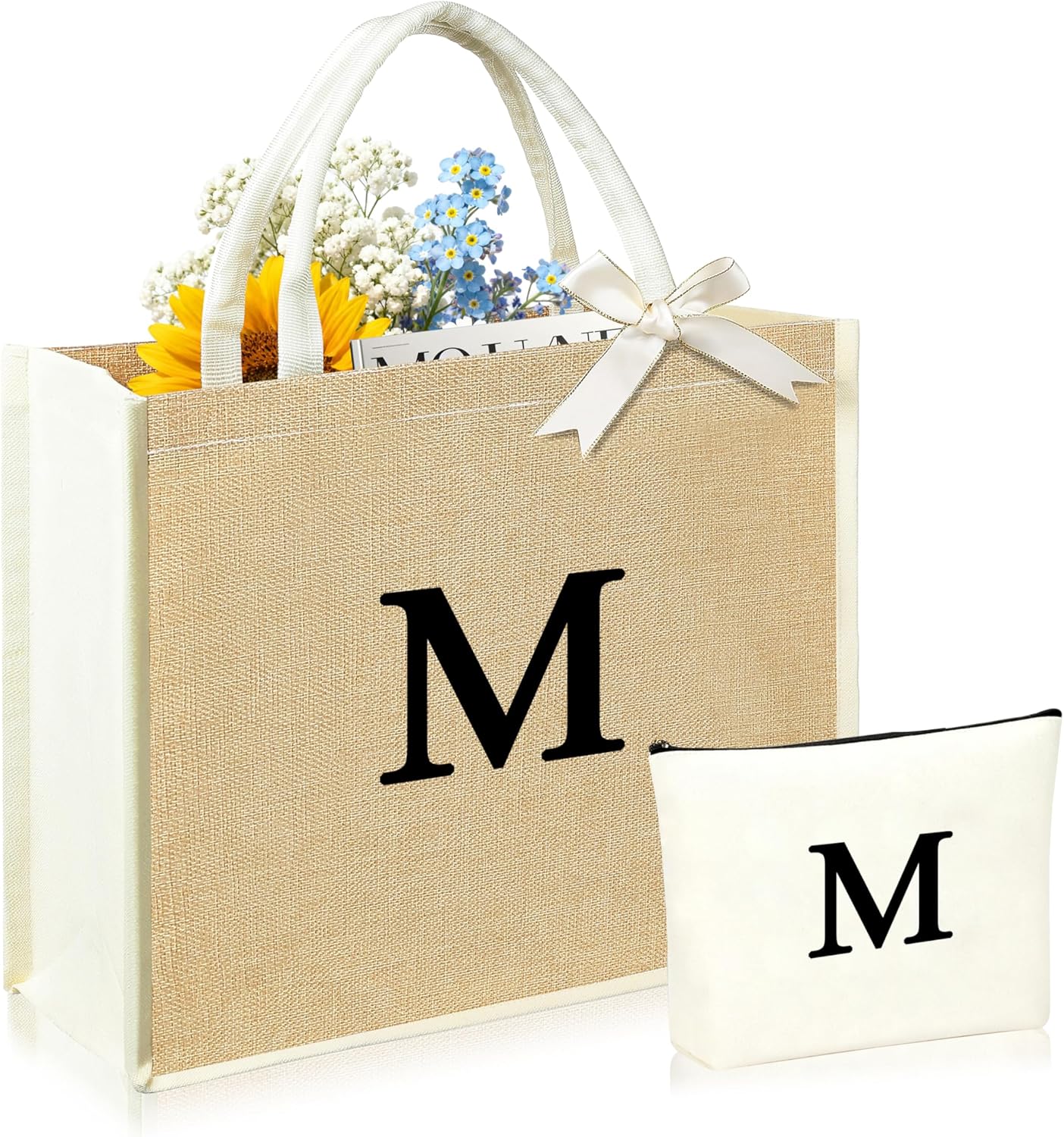 Initial Canvas Tote Bag & Makeup Bag for Women Teacher Bridesmaids，Personalized Present for Wedding, Birthday, Beach