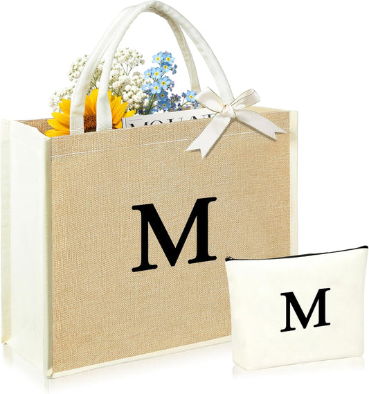 Initial Canvas Tote Bag & Makeup Bag for Women Teacher Bridesmaids，Personalized Present for Wedding, Birthday, Beach