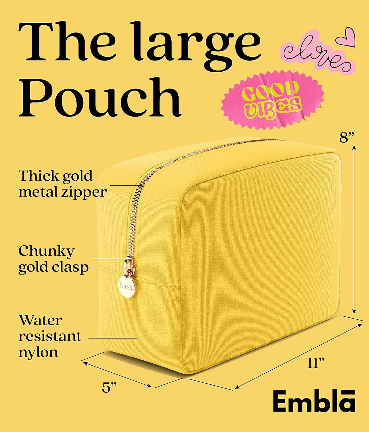 Embla Makeup Bag Travel Cosmetics Pouch and Toiletry Bag, Nylon Zipper Pouch Purse, Cute Make Up Organizer Storage Tote for Women Girls, Waterproof Travel Skincare Case, Large Makeup Bags, Lemon