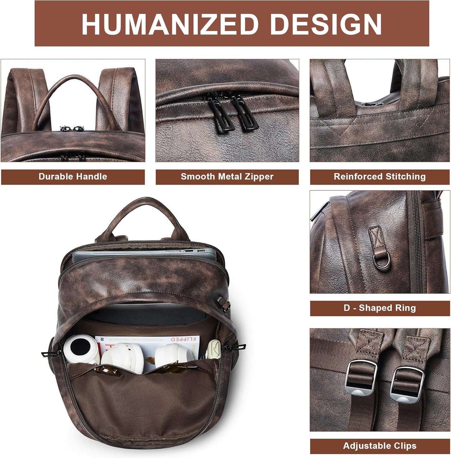 Computer Backpack for Women Soft Leather Back pack with 15.6 inch Laptop Compartment, Designer Ladies Travel Backpack, Coffee