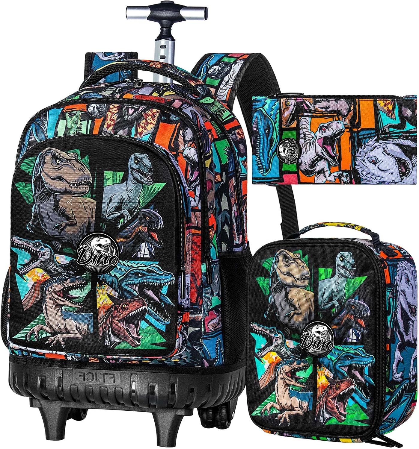 3PCS Rolling Backpack for Boys, 21 Inch Water Resistant Dinosaur Backpacks with Roller Wheels, Wheeled Bookbag for Teens Boys Elementary School Travel