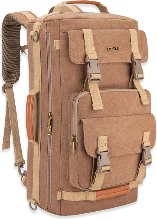Tzowla Canvas Travel Backpack Carry on Flight Approved,Large Vintage Messenger Bag,3-in-1 Convertible Backpacks Duffel Bag,Personal ltem Laptop Rucksack for Men and Women Fit 17 Inch Laptop(Brown)
