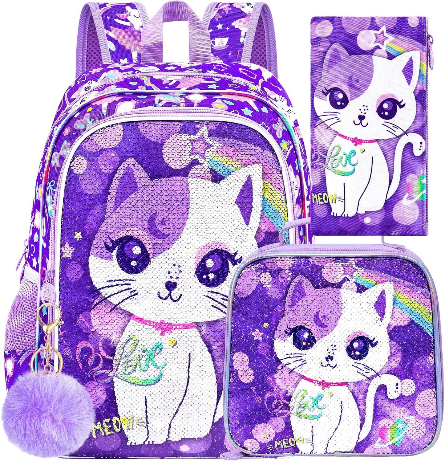 UFNDC 3PCS Backpack for Girls with Lunch Box,16”Kids Sequin Bookbag with Lunch Box, School Bag for Elementary Toddler