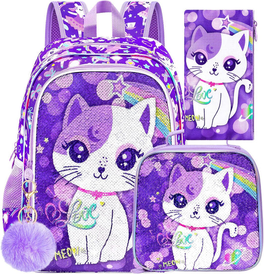 UFNDC 3PCS Backpack for Girls with Lunch Box,16”Kids Sequin Bookbag with Lunch Box, School Bag for Elementary Toddler