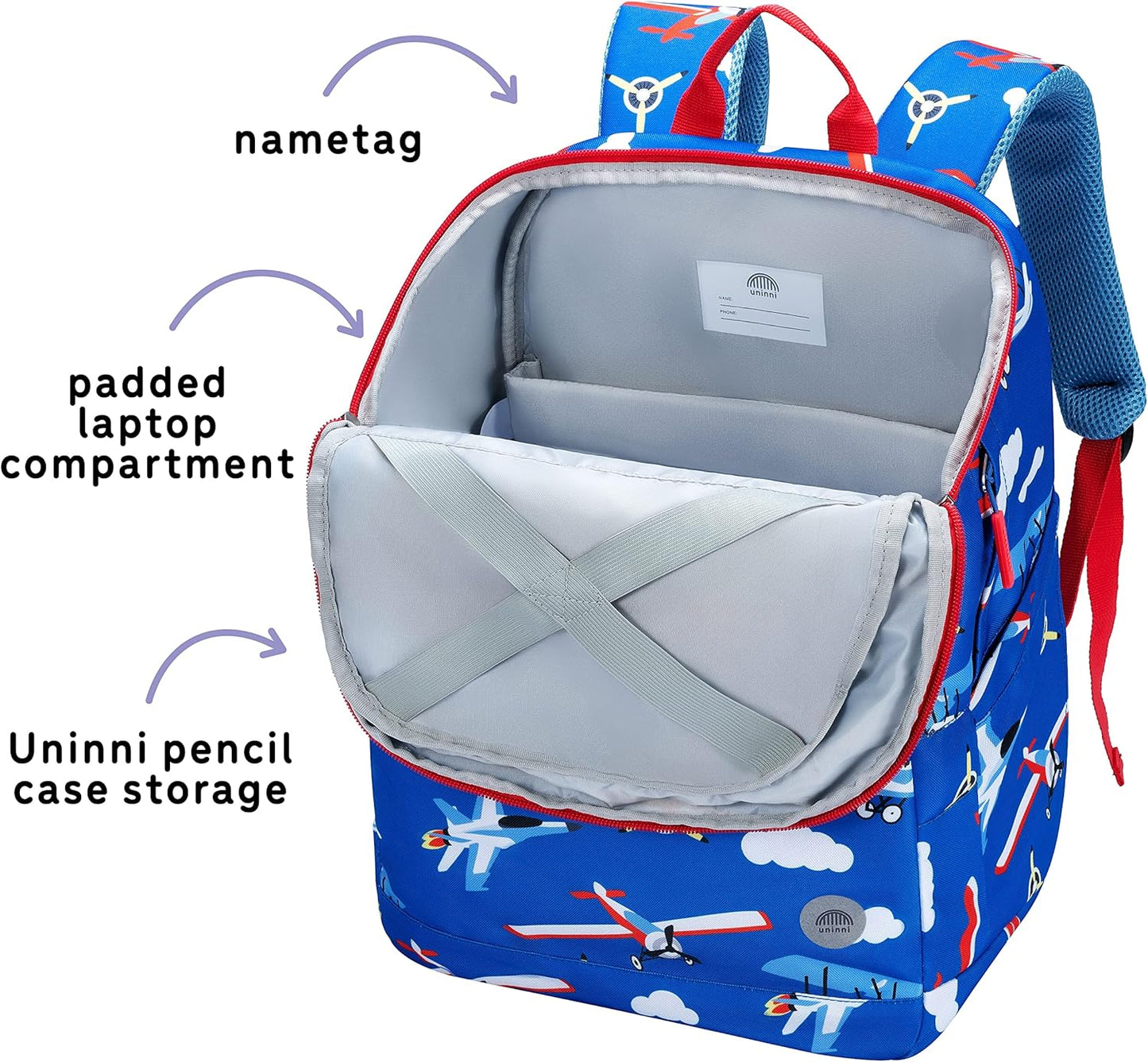 uninni 16" Kid's Backpack for Girls and Boys Age 6+ with Padded, and Adjustable Shoulder Straps. Fits for Height 3'9" Above Kids (Airplane)