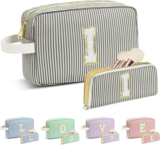 Travel Makeup Bag Christmas Gifts for Women Girl Teens, Personalized Initial Makeup Bag for Cute Teen Girls, Preppy Stuff Toiletry Bag Cosmetic Bag, Teen Girls Gift Trendy Stuff, Letter I