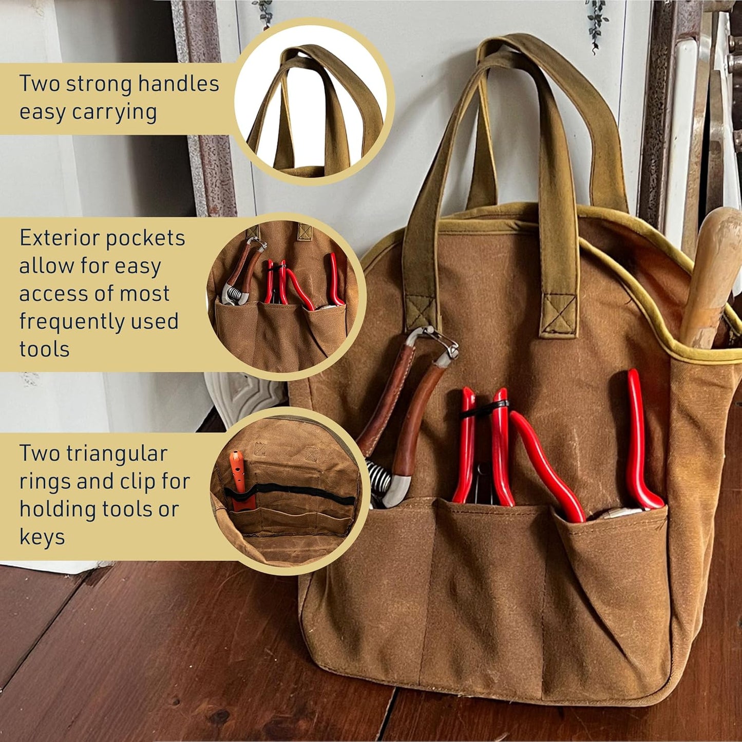 Garden Tool Bag - 12x14” Heavy Duty Waxed Canvas Tote Bag Caddy with 6 Interior and 3 Exterior Pockets for Organizing Gardening Tools - Gardening Gifts for Women and Men by Kings County Tools