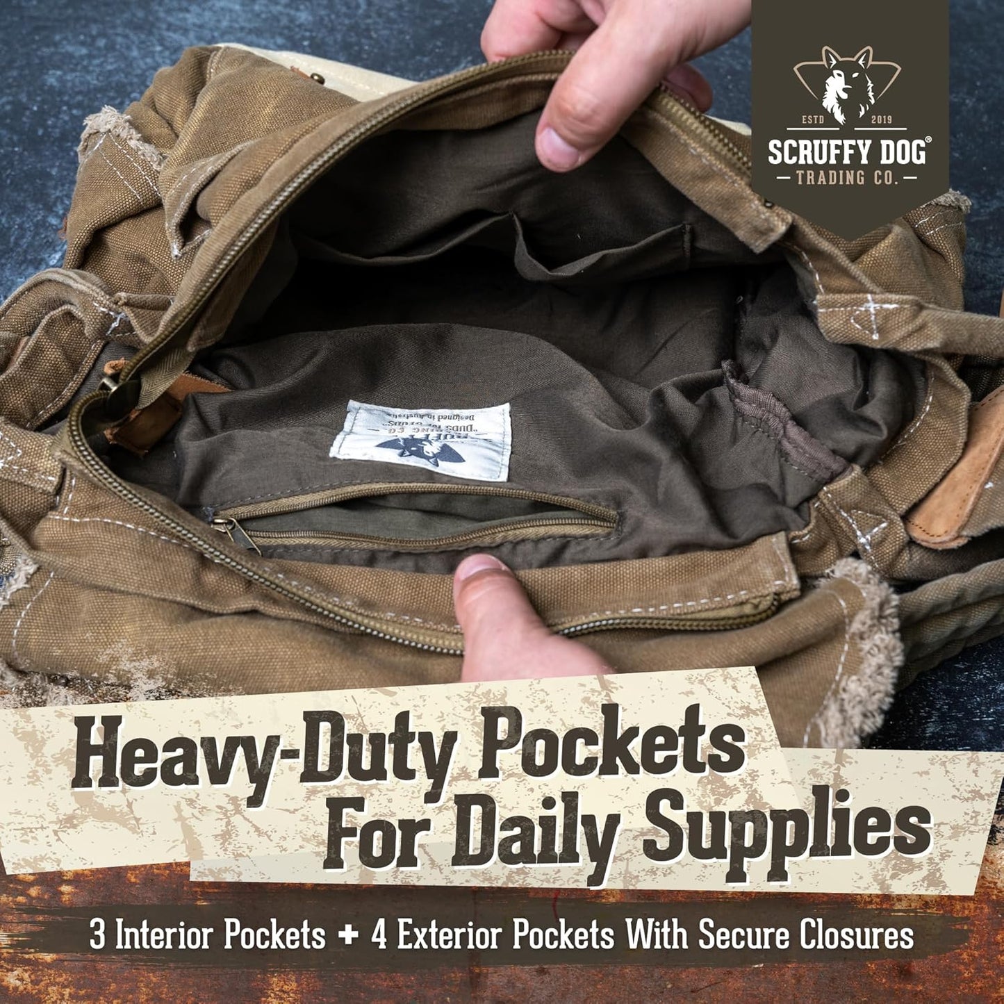 SCRUFFY DOG Vintage Messenger Bag for Men & Women - 13" Canvas Satchel 7 Pockets, Tablet & Laptop Storage, Adjustable Crossbody Shoulder Strap for Travel or Everyday Use