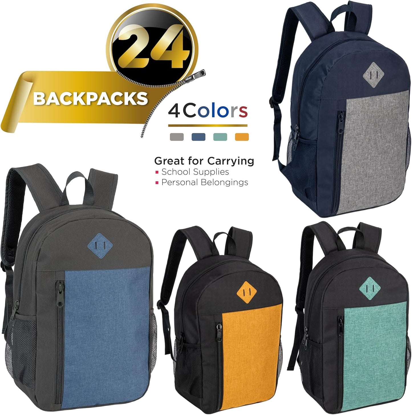 24-Pack 19" Padded Back Backpacks for Kids - Bookbags in Bulk for Middle and High School Students