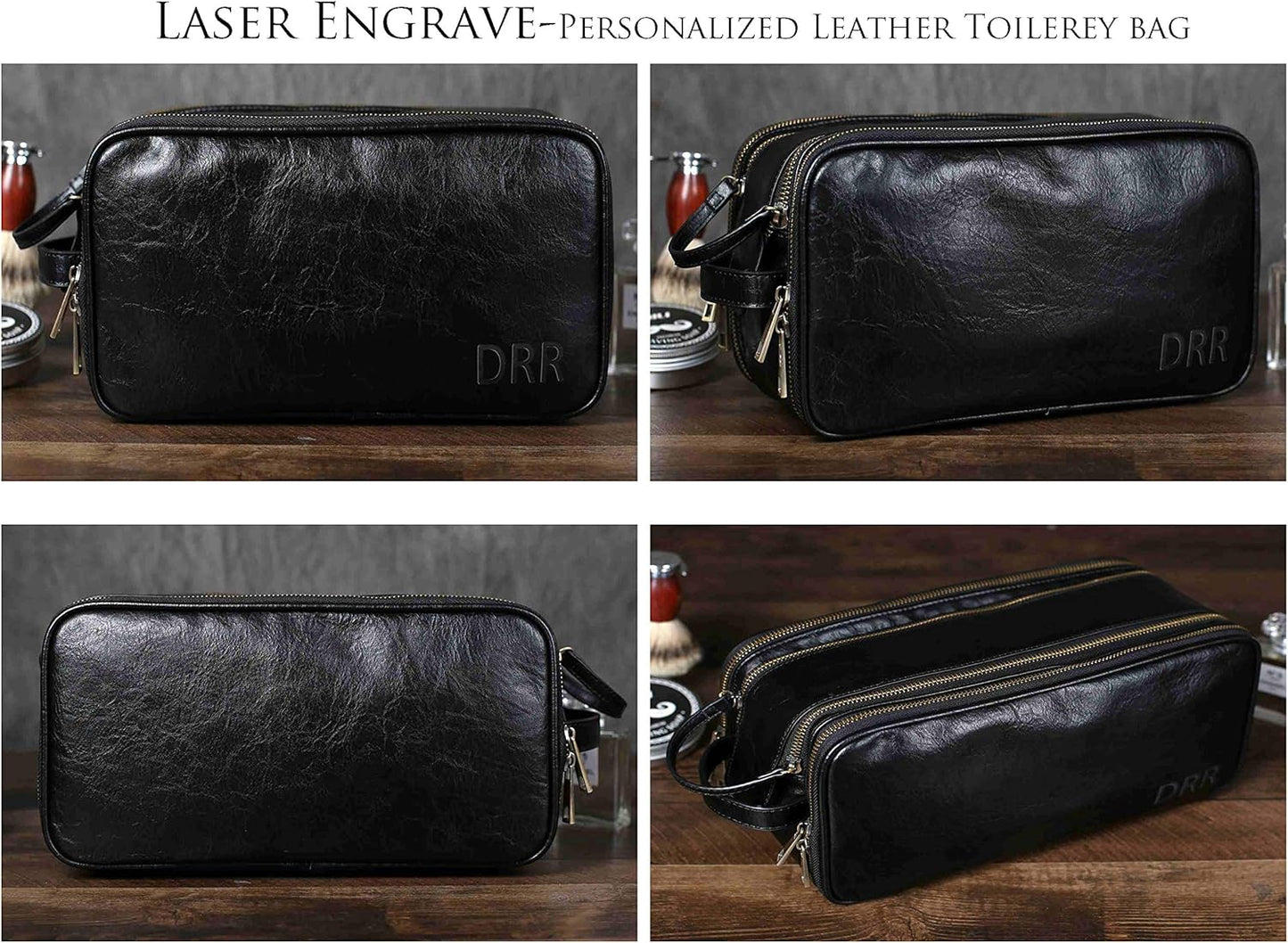 Travel Toiletry Bag for Men Leather Dopp Kit Bags Personalized Christmas Gift Black
